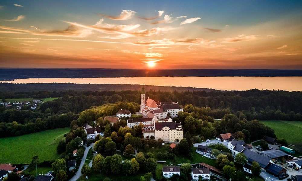 Sunset at the Andechs Monastery in the Five Lakes Region, Bavaria, Germany, Europe. Andechs Brewery, Beer and biergarden are inside